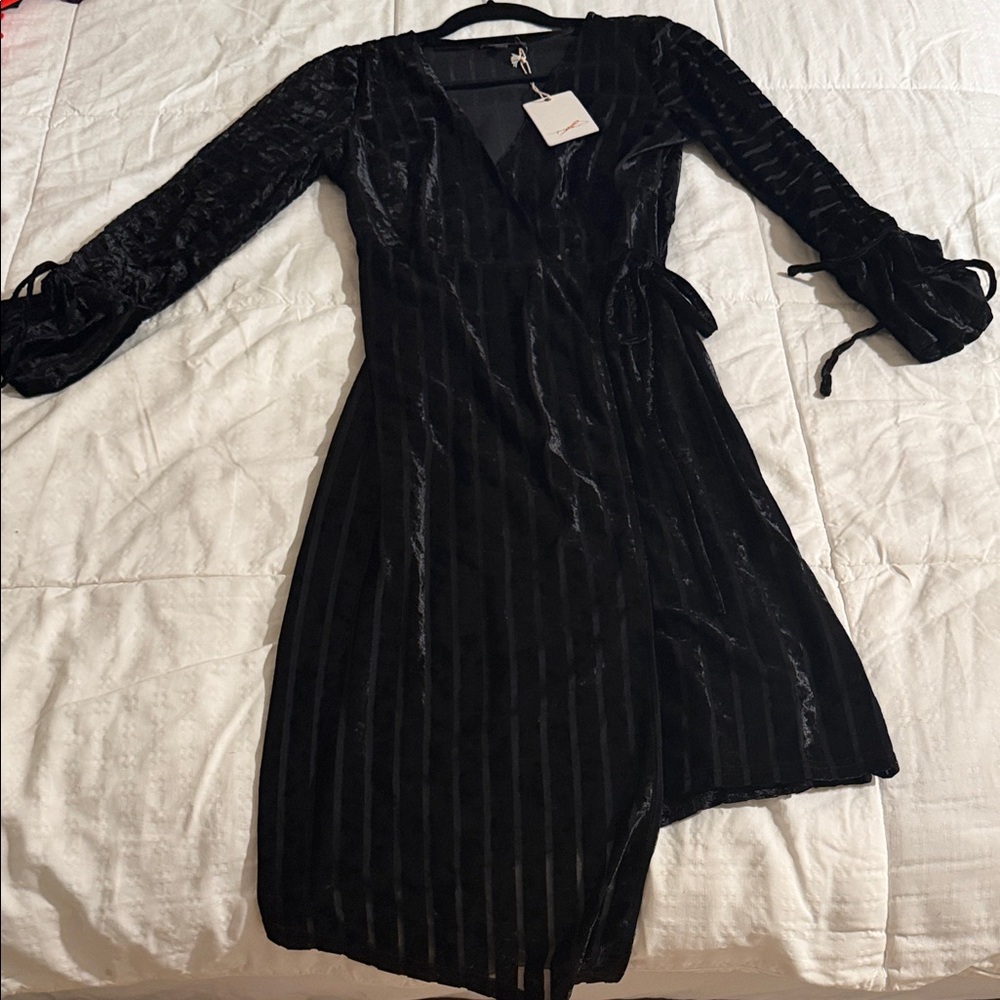 Black Velvet Wrap Midi Dress with Tie Waist